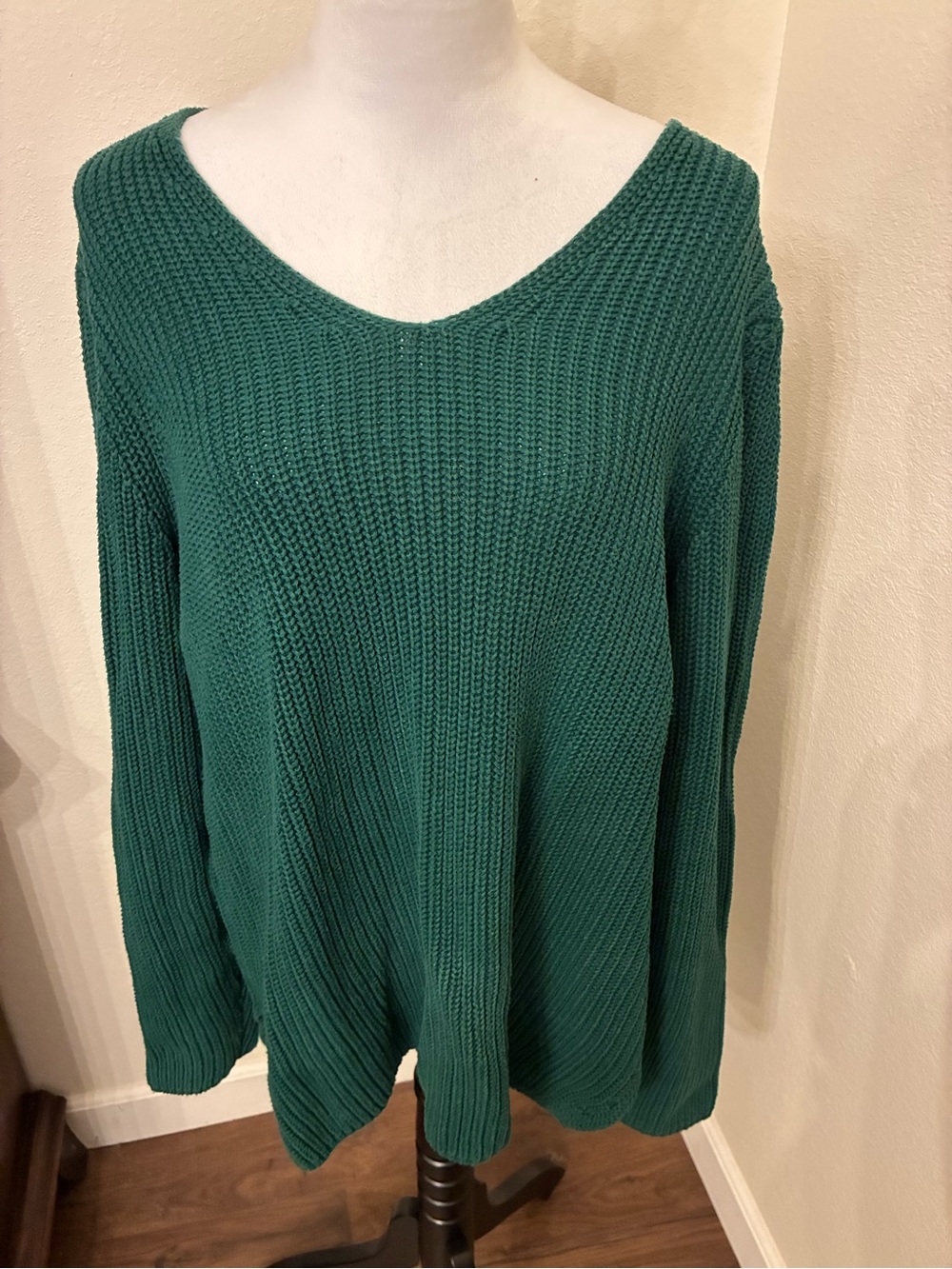 Coldwater Creek Forest Green V-Neck Knit Sweater 100% Cotton